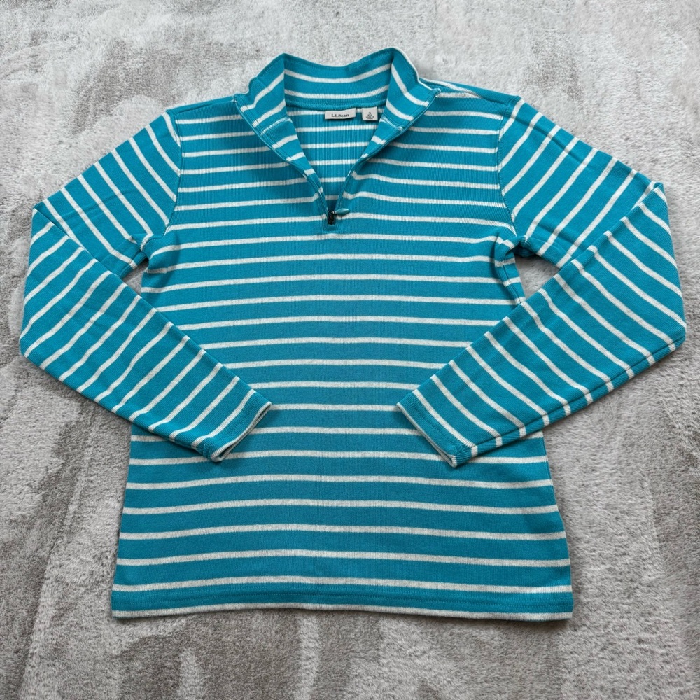 LL Bean 1/4 zip knit sweater women’s size small blue striped 100% cotton